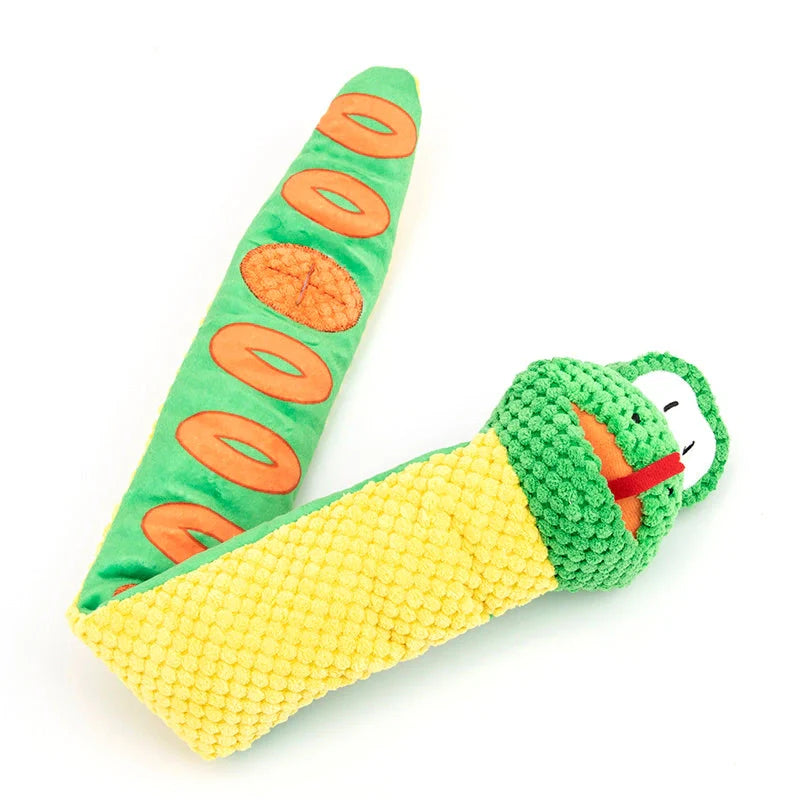 Snake-shaped polar fleece snuffle toy for dogs with foraging treats