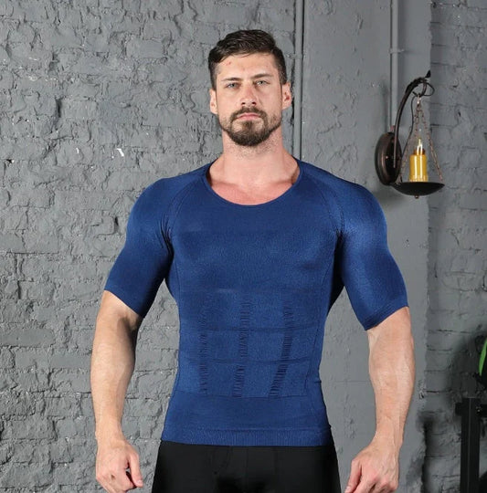 Men's compression t-shirt for fitness with belly support in navy blue, black, and white