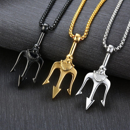 Men's Poseidon Trident Pendant Necklace in titanium steel, available in three colours.
