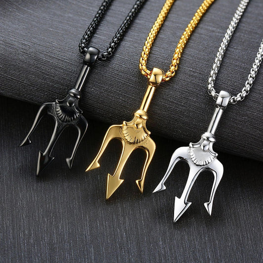 Men's Poseidon Trident Pendant Necklace in titanium steel, available in three colours.