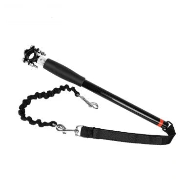 Bicycle walking dog leash with stainless steel rod and rubber band, black color, 45cm by 78cm