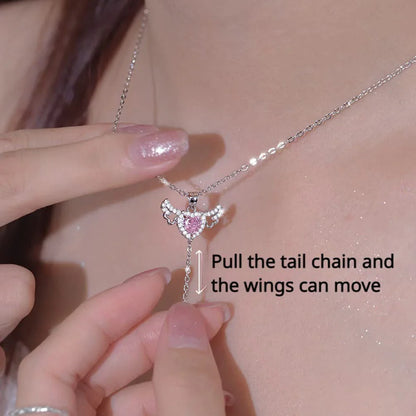 Enchanting necklace with Cupid heart and fluttering angel wings, crafted with titanium steel and sparkling zircon crystals