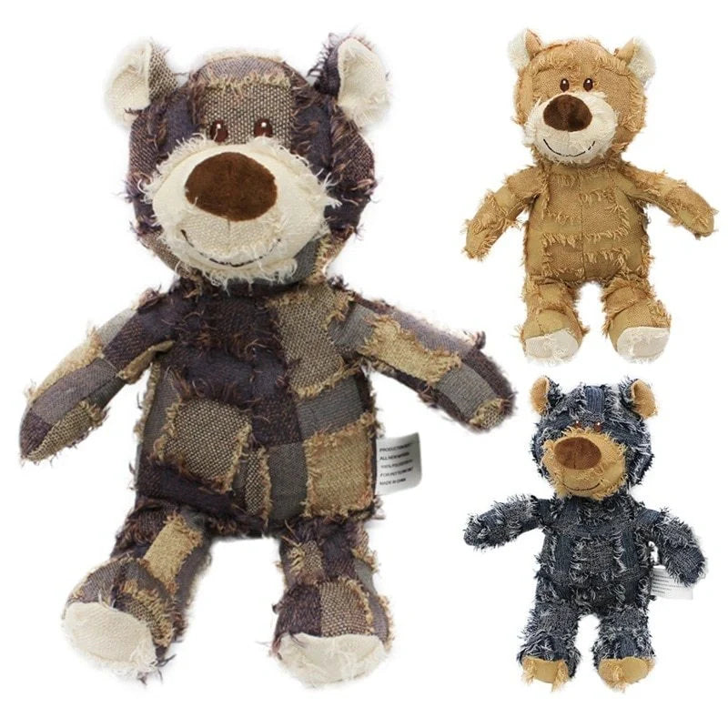 Bear-shaped plush dog toy with squeak sound and bite-resistant features