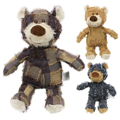 Bear-shaped plush dog toy with squeak sound and bite-resistant features