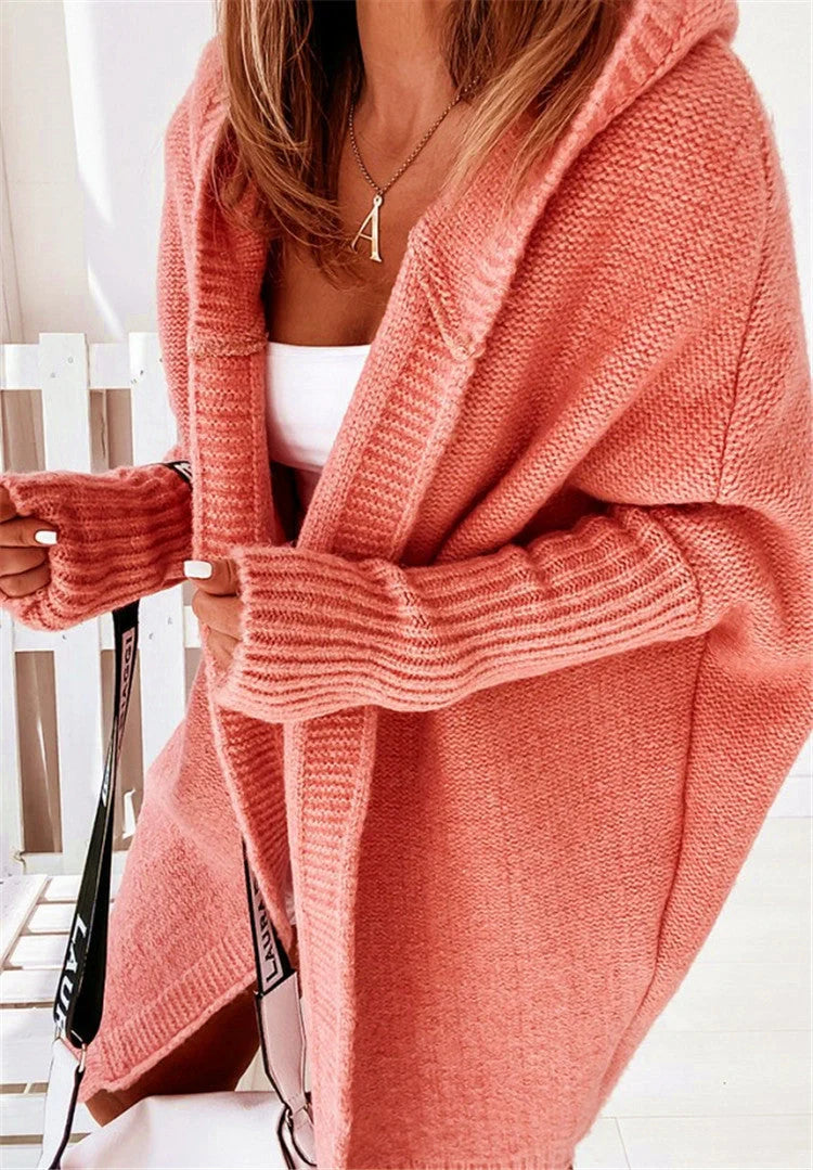 Women's bat sleeve hooded cardigan in sheep wool blend, available in multiple colours