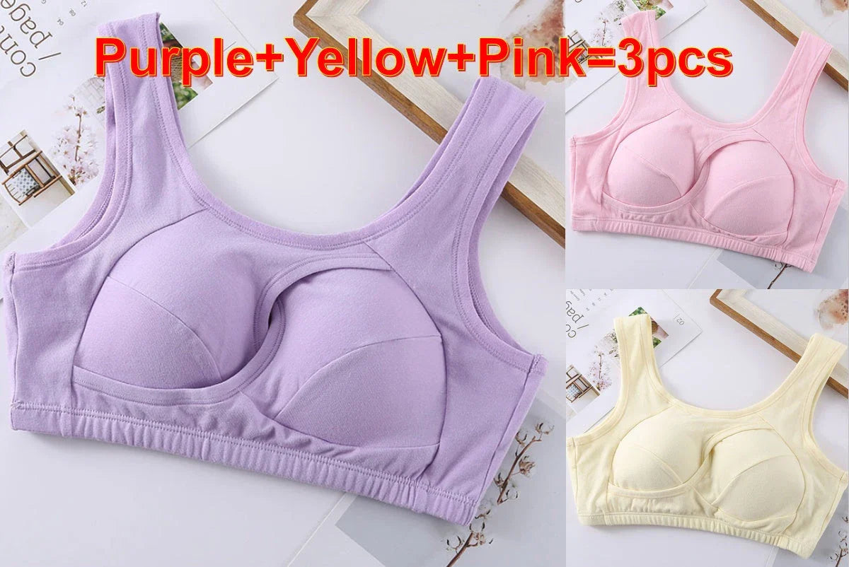 Supportive cotton sports bra with crossover design for lift and support, preventing sagging and bra lines