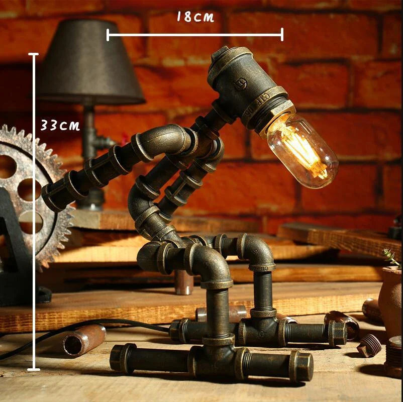 Vintage Industrial Table Lamp with Retro Water Pipe Design in Green Bronze Finish