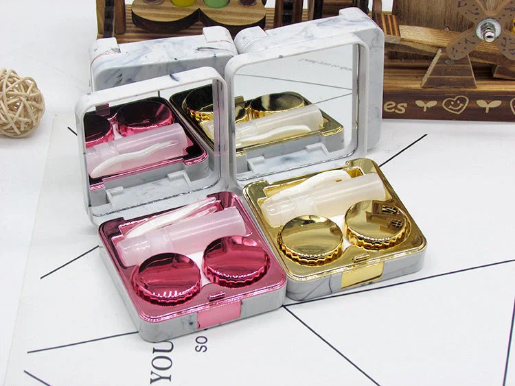 Square marble design contact lens case with mirror and accessories