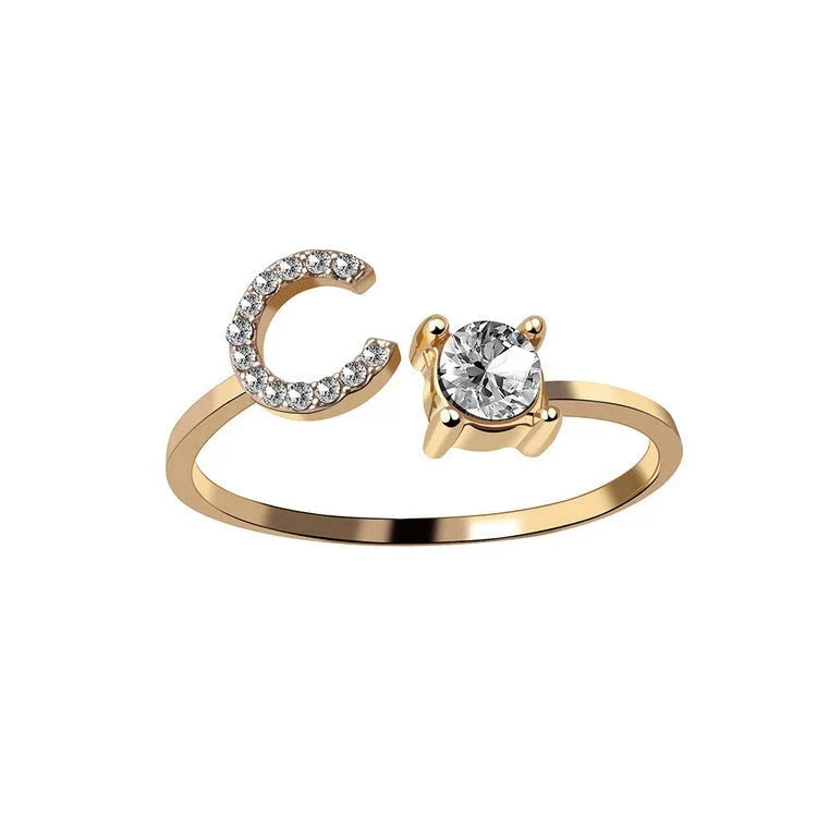 Customizable adjustable ring with 26 letters for women, featuring zircon stones and copper alloy construction