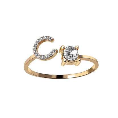 Customizable adjustable ring with 26 letters for women, featuring zircon stones and copper alloy construction
