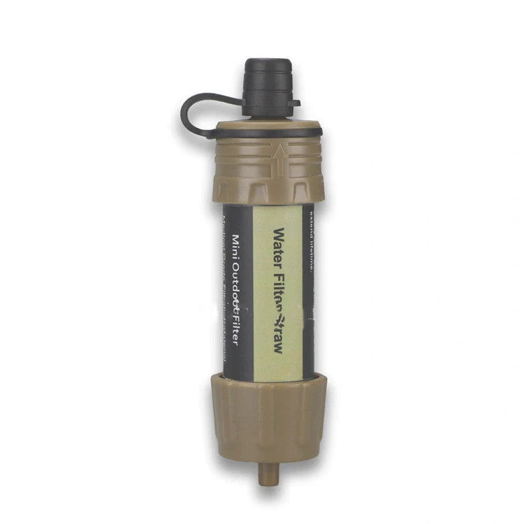 Mini portable water filter straw in grey, black, and army green with 5,000-litre purification capacity
