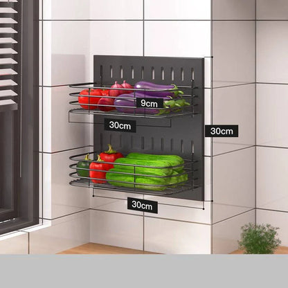 A high-quality stainless steel wall-mounted kitchen storage rack with a perforated design for customisable storage