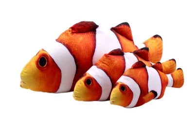 Soft, durable and realistic cat plush toy in the shape of a fish pillow, available in various sizes and designs.