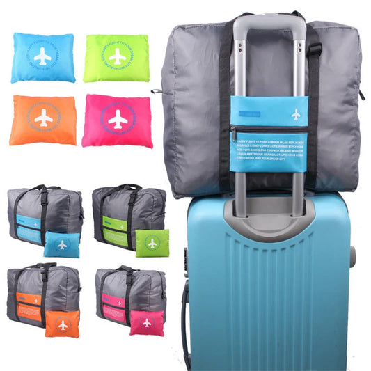 Foldable nylon travel holdall in various colours, including black, orange, green, and red