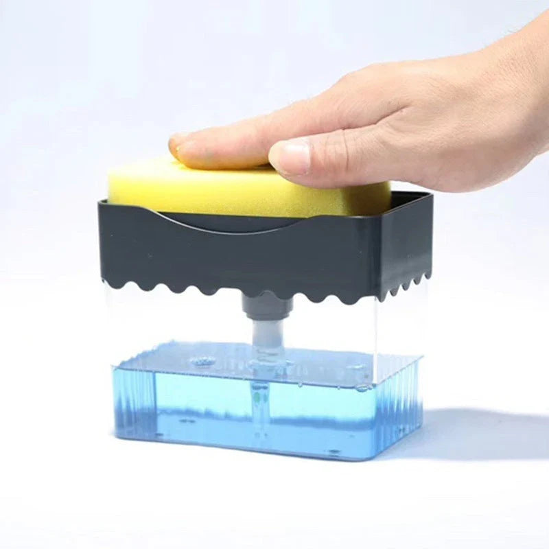Sleek 2-in-1 soap dispenser and sponge caddy with push-button operation, modern design, and large 380ml capacity