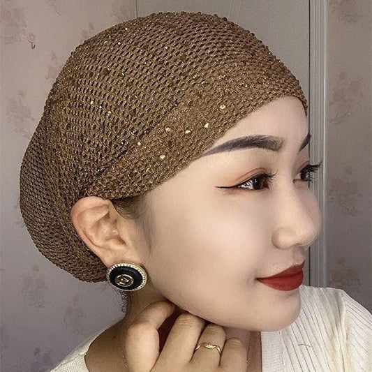 Stylish knitted beanie with elegant hot drilling pattern in various colours, including black, grey, wine red, ancient purple, and deep khaki