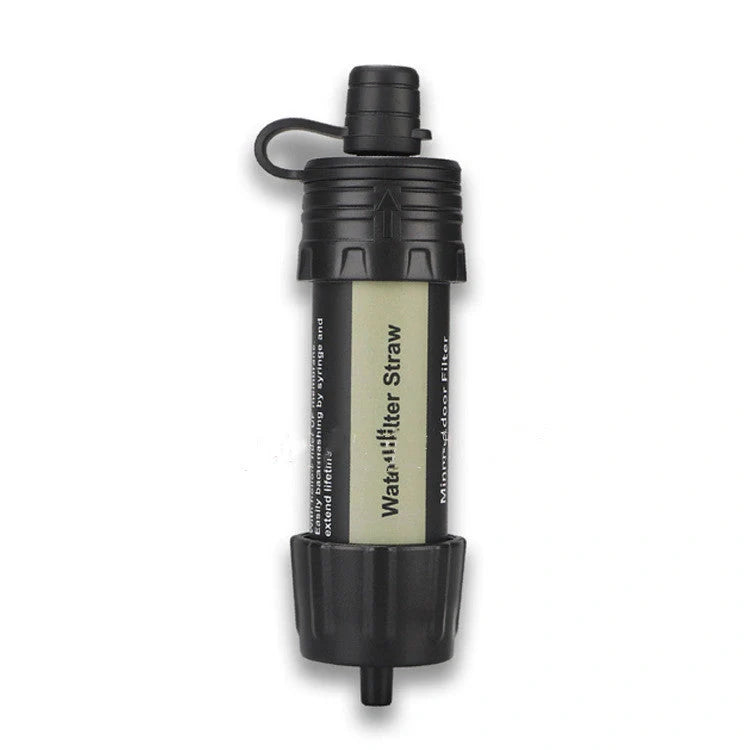 Mini portable water filter straw in grey, black, and army green with 5,000-litre purification capacity