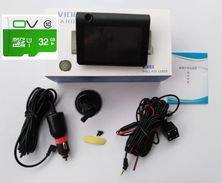 High-definition driving recorder with dual cameras, HDR and WDR support, and wide-angle lenses for comprehensive coverage