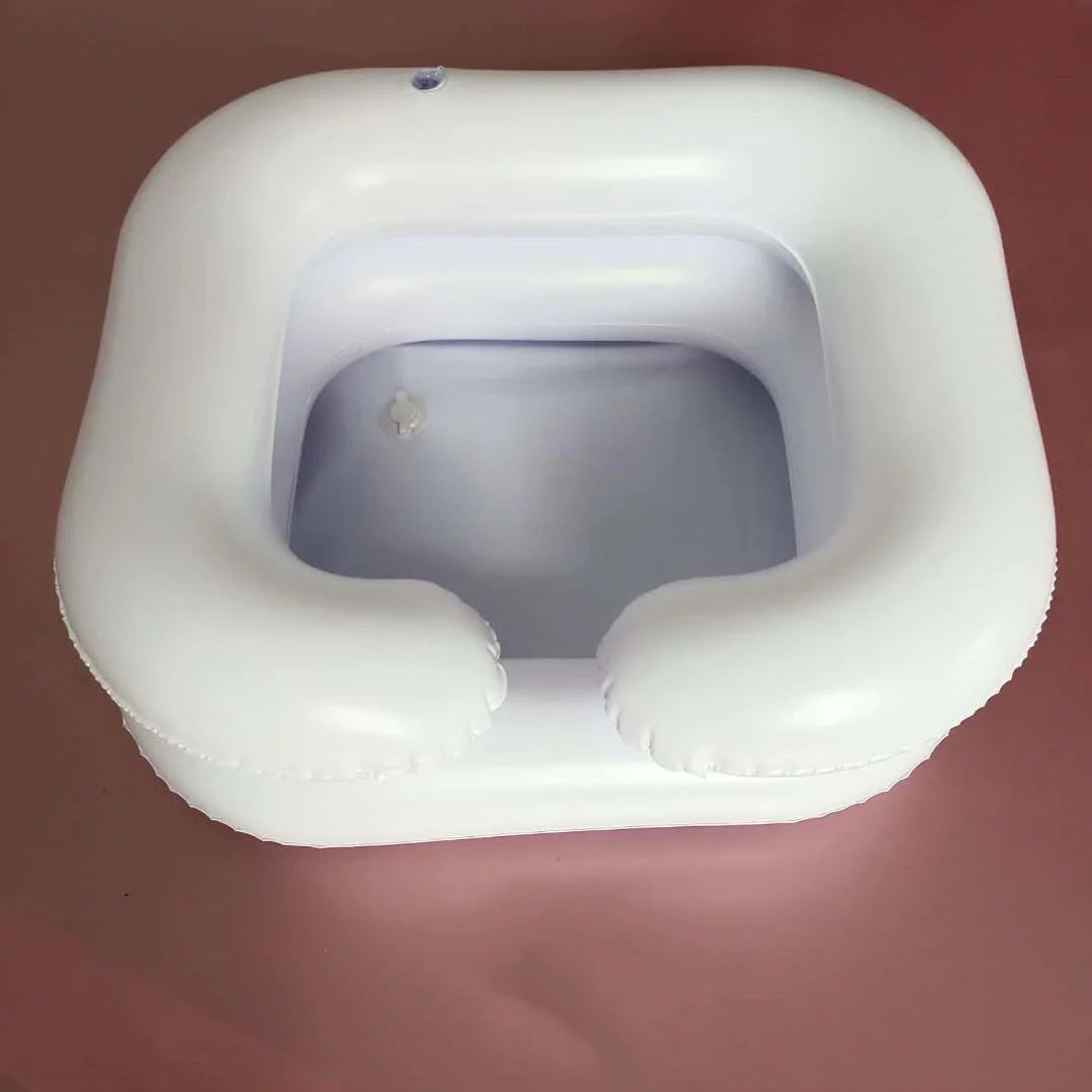 Inflatable Shampoo Basin for elderly care, white and black options, includes drain