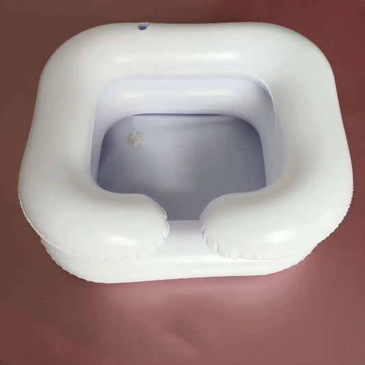 Inflatable Shampoo Basin for elderly care, white and black options, includes drain