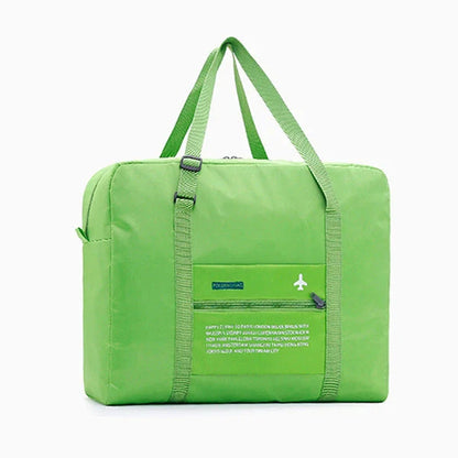Foldable nylon travel holdall in various colours, including black, orange, green, and red