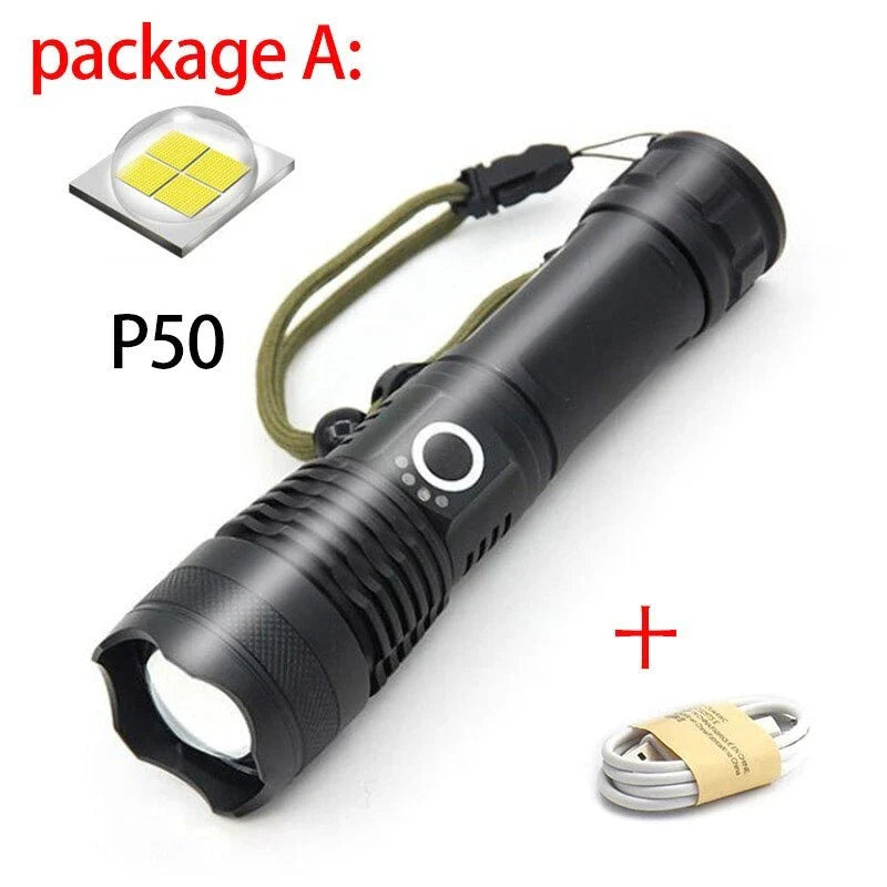 A durable, waterproof USB rechargeable flashlight with adjustable zoom and powerful LED light.