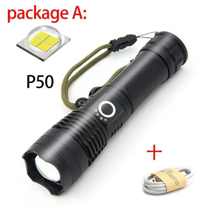 A durable, waterproof USB rechargeable flashlight with adjustable zoom and powerful LED light.
