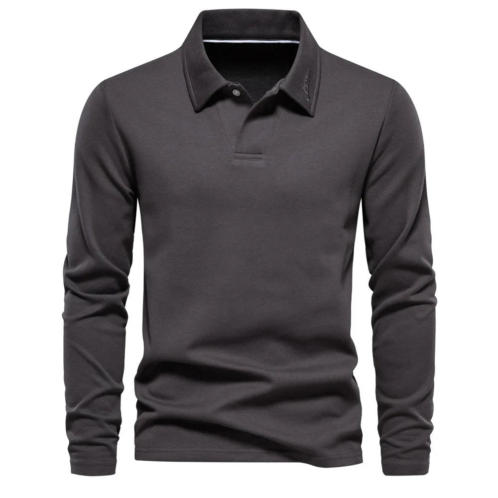 A versatile cotton polo shirt in a range of sophisticated colours, featuring a unique lapel design for a refined casual look.