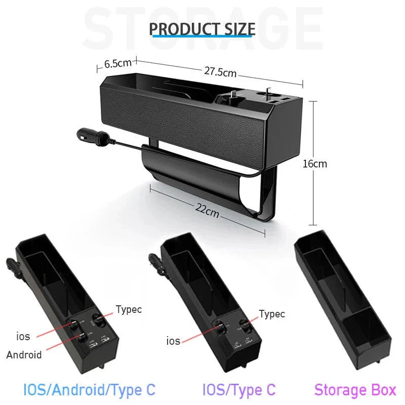 Premium car seat gap organiser with discreet charging cable, providing secure storage and power for your on-the-go essentials
