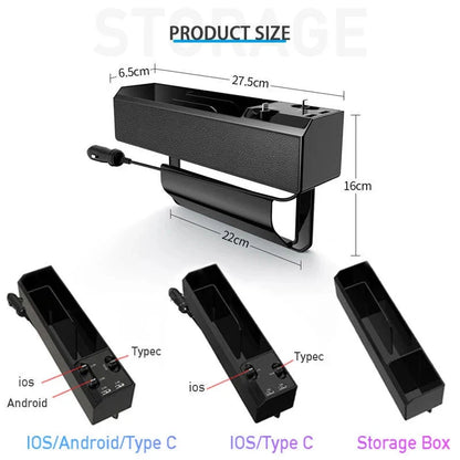 Premium car seat gap organiser with discreet charging cable, providing secure storage and power for your on-the-go essentials