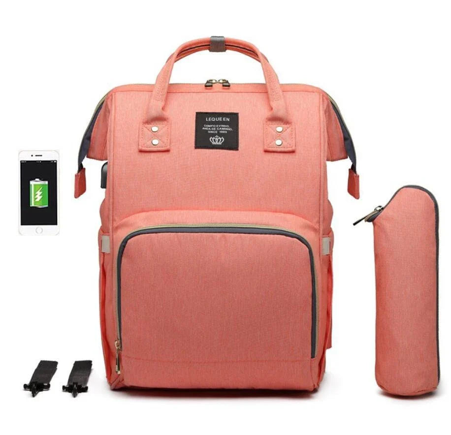 Premium mummy backpack in a range of stylish colours, featuring dedicated compartments for bottles, nappies and personal items.