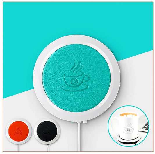Sleek USB-powered cup warmer in various colors, keeping drinks hot and toasty