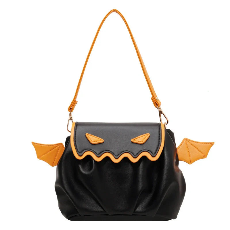 Halloween pumpkin cartoon crossbody bag with small wings in black, beige, or orange