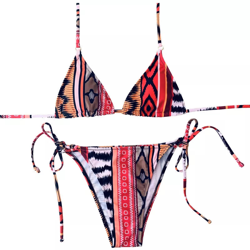 Women's printed halter bandage bikini with adjustable straps and backless design