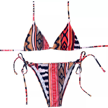 Women's printed halter bandage bikini with adjustable straps and backless design