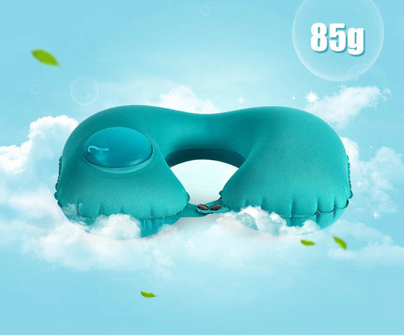 Inflatable travel pillow with U-shaped design for neck and head support, available in multiple colors
