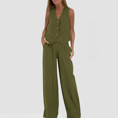 Sleeveless top and straight-leg trousers set in various colors, including apricot, olive green, black, and white.