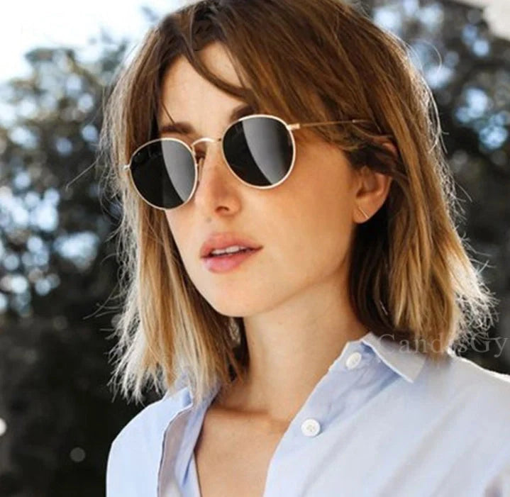 Women's retro metal sunglasses with round frame in gold and silver options