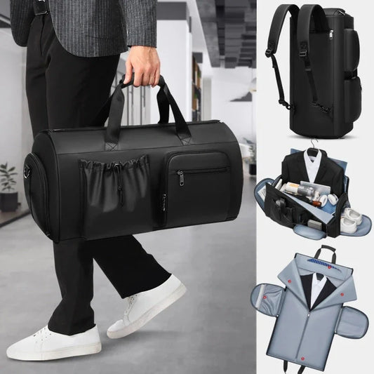 Black waterproof suit bag for men with shoe compartment and dry-wet separation