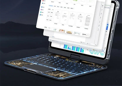360-degree rotating keyboard case with transparent backplate and built-in Apple Pencil holder for iPad