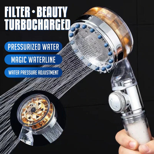 Premium high-pressure shower head with turbo boost technology, water filtration, and durable ABS and stainless steel construction