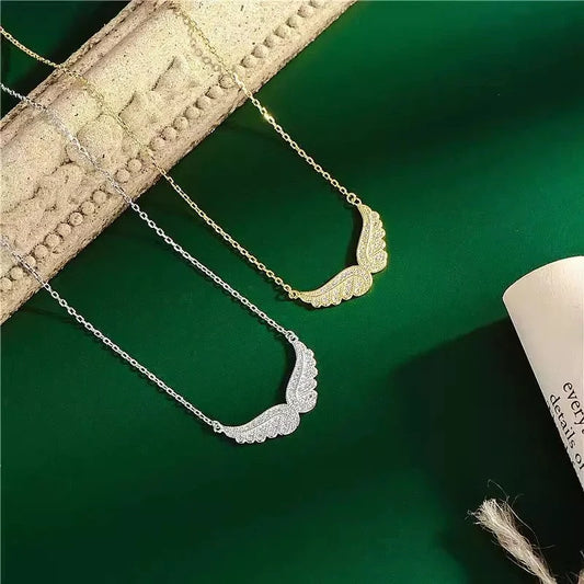 Stunning sterling silver angel wings pendant necklace with cubic zirconia stones