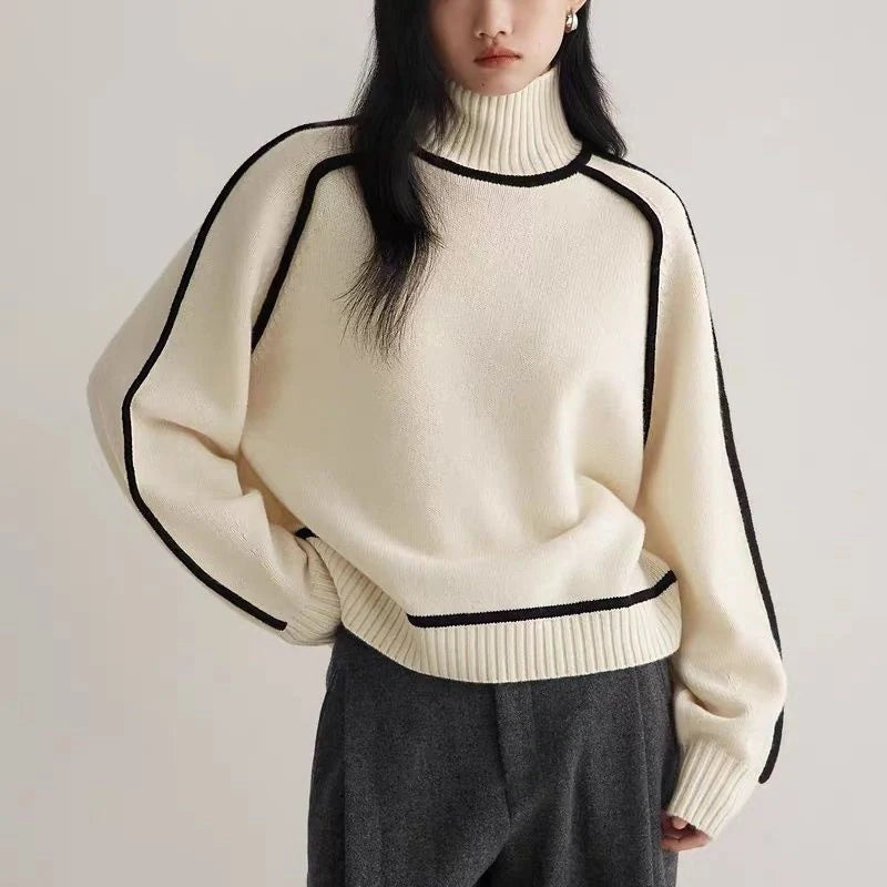 Half turtleneck knitted sweater with three-dimensional design in creamy white, floral brown, gray, and blue