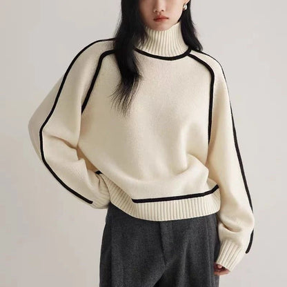 Half turtleneck knitted sweater with three-dimensional design in creamy white, floral brown, gray, and blue