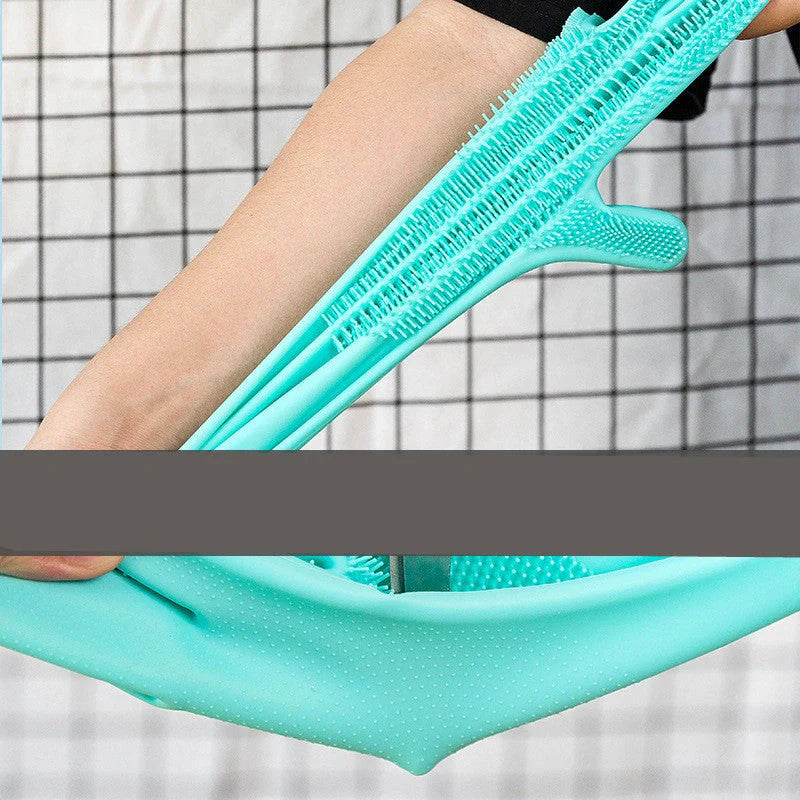 Silicone pet grooming glove in green and blue for small dogs and cats