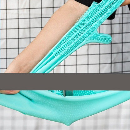 Silicone pet grooming glove in green and blue for small dogs and cats
