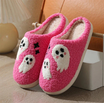 Cozy Halloween-themed cartoon ghost slippers with soft cotton construction and non-slip soles for comfortable indoor wear