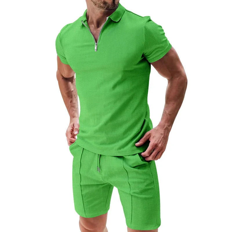 Men's summer waffle suit set with zipper lapel and drawstring shorts in various colours