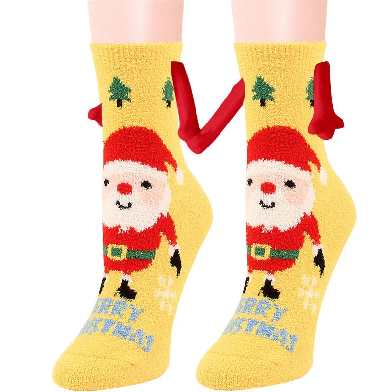 Christmas couple socks with magnetic suction feature for hand holding, festive 3D animal patterns