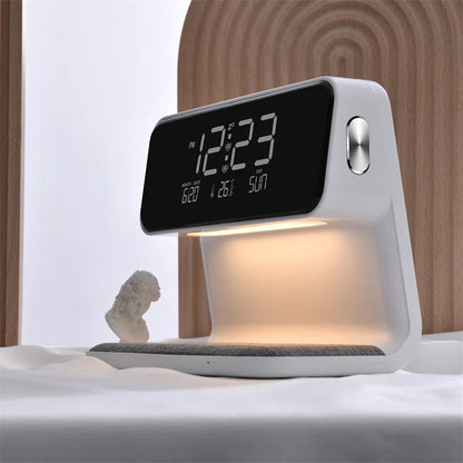 3-in-1 Wireless Charging Bedside Lamp with Adjustable LED Lighting, Alarm Clock, and Wireless Charging Pad